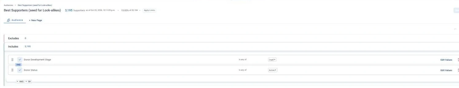 Best Supporters (seed for Look-alikes) · Audience rules, in Apteco Orbit: The rules tab: two rules under Includes, Donor Development Stage is Loyal and Donor Status is Active, and nothing under Excludes.