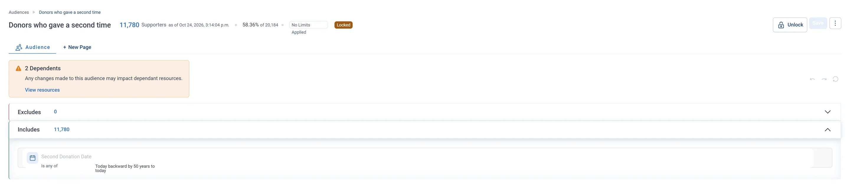 Donors who gave a second time · Audience rules, in Apteco Orbit: The rules tab: one rule under Includes, a second gift date at any time, so everyone here gave at least twice.