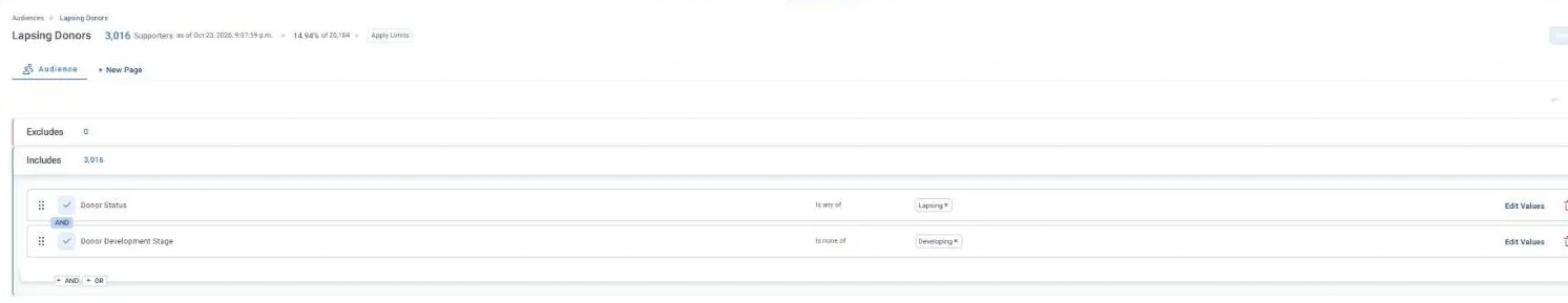 Lapsing Donors · Audience rules, in Apteco Orbit: The rules tab: one rule under Includes, Donor Status is Lapsing, and one under Excludes, Donor Development Stage is Developing.