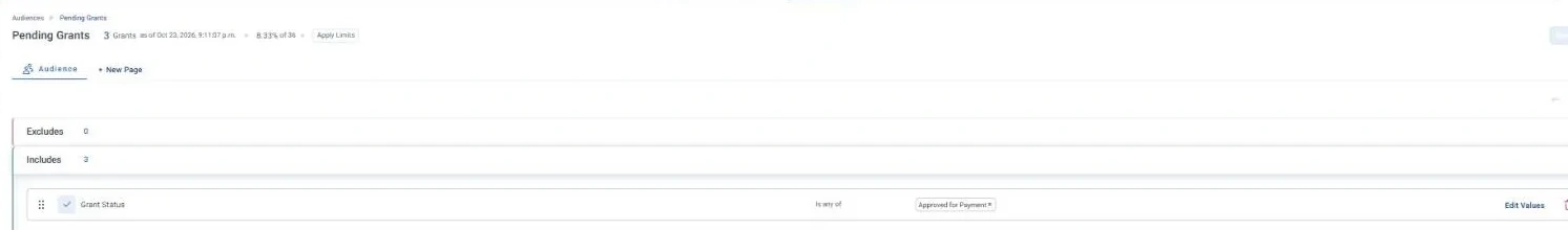 Pending Grants · Audience rules, in Apteco Orbit: The rules tab: one rule under Includes, Grant Status is Approved for Payment, counting grants rather than people.