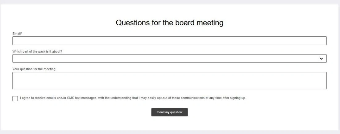 The Board Pack That Builds Itself · 'Questions for the board meeting' form, in Apteco Orbit: A draft form called Questions for the board meeting: board members give their email, pick the part of the pack their question is about, and type…