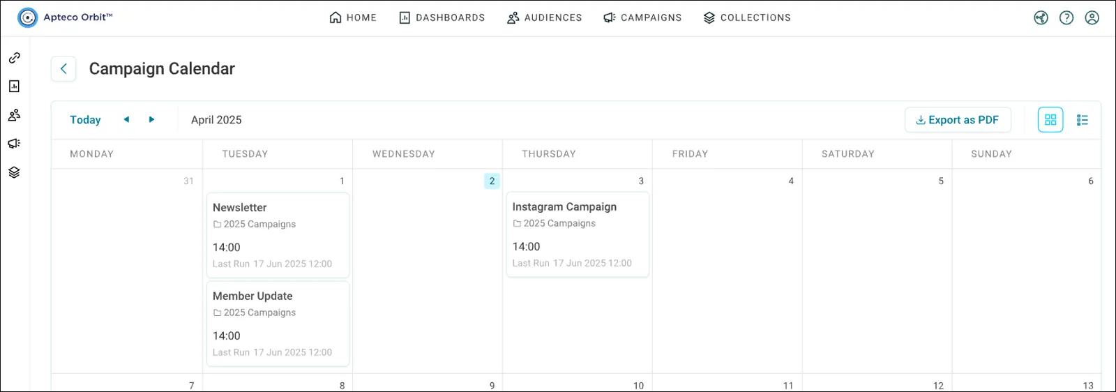 The campaign calendar, by month. Switch to a list with the icon at the top right.