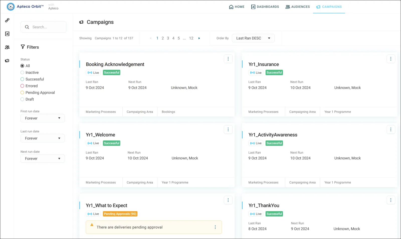 The Campaigns screen: one tile per campaign, filters by status and folder on the left.