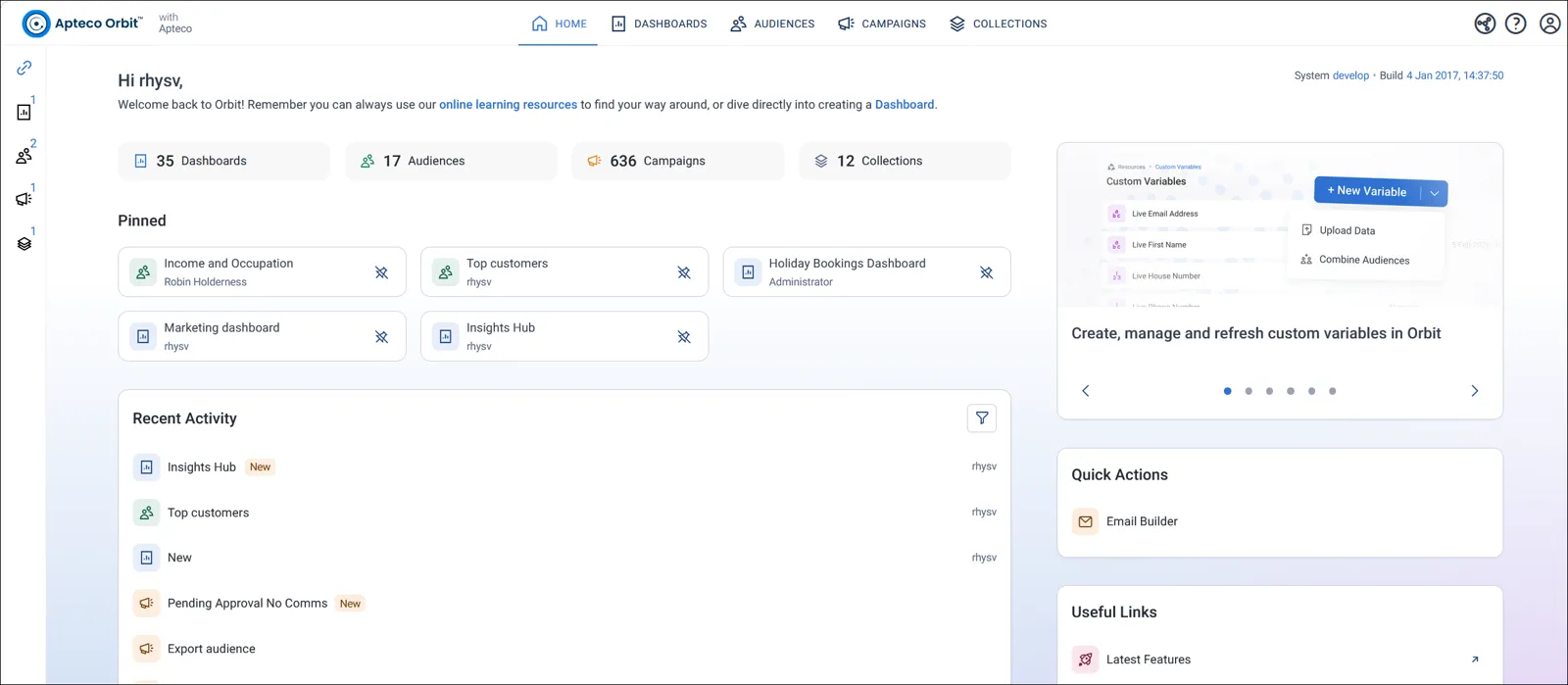 The Orbit homepage: Dashboards, Audiences and Campaigns across the top, pinned items and recent activity below.