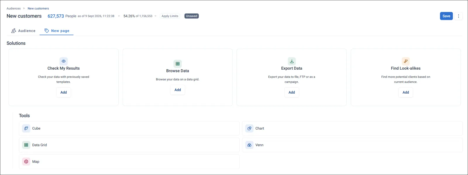 The New Page picker in a workbook: Check My Results, Browse Data, Export Data and Find Look-alikes, then Cubes, Charts and Maps.